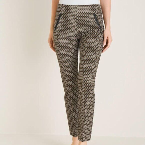 Chico's Black Tan and White Basketweave/Geometric Pattern Ankle‎ Crop Pants - 2 - Picture 1 of 11